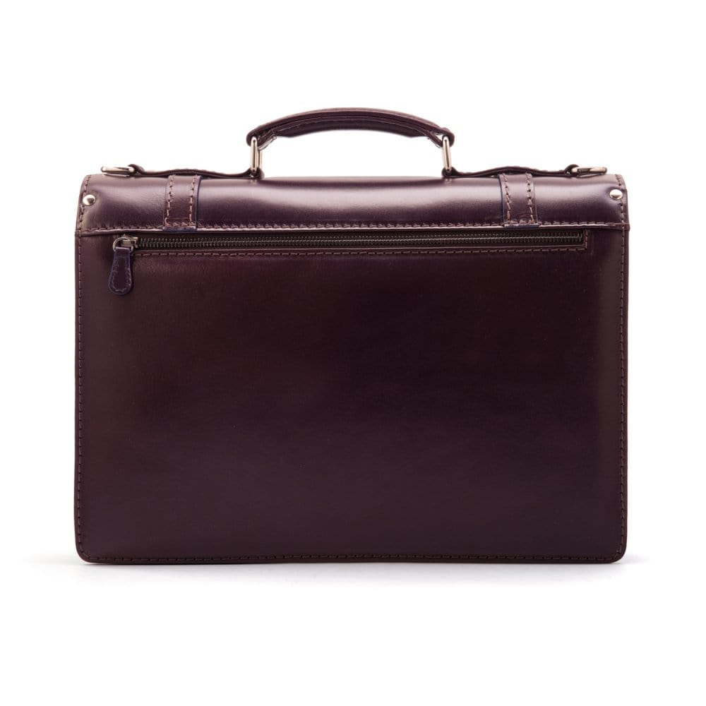 Leather Cambridge satchel briefcase with silver brass lock, purple, back