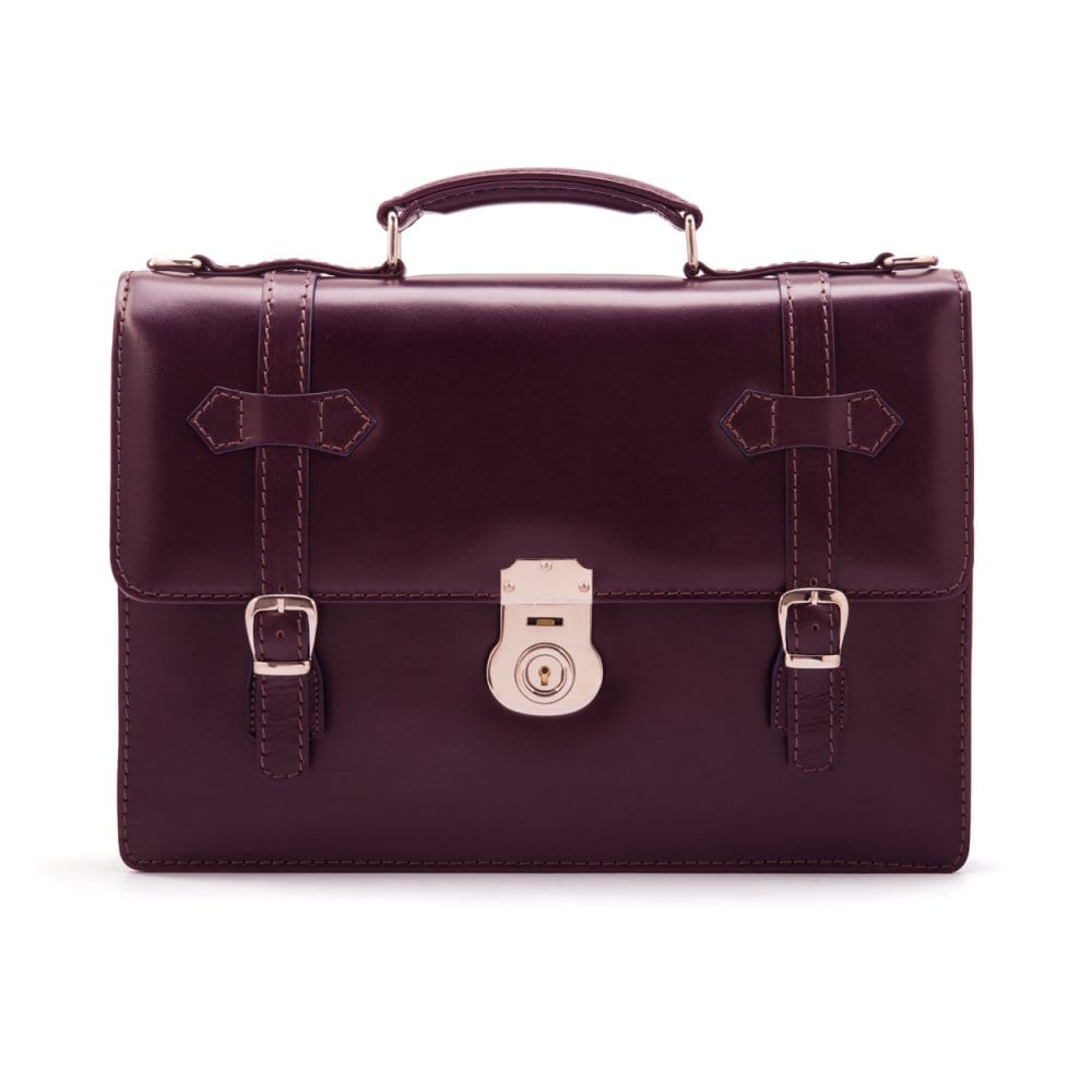 Leather Cambridge satchel briefcase with silver brass lock, purple, front