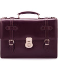 Leather Cambridge satchel briefcase with silver brass lock, purple, front