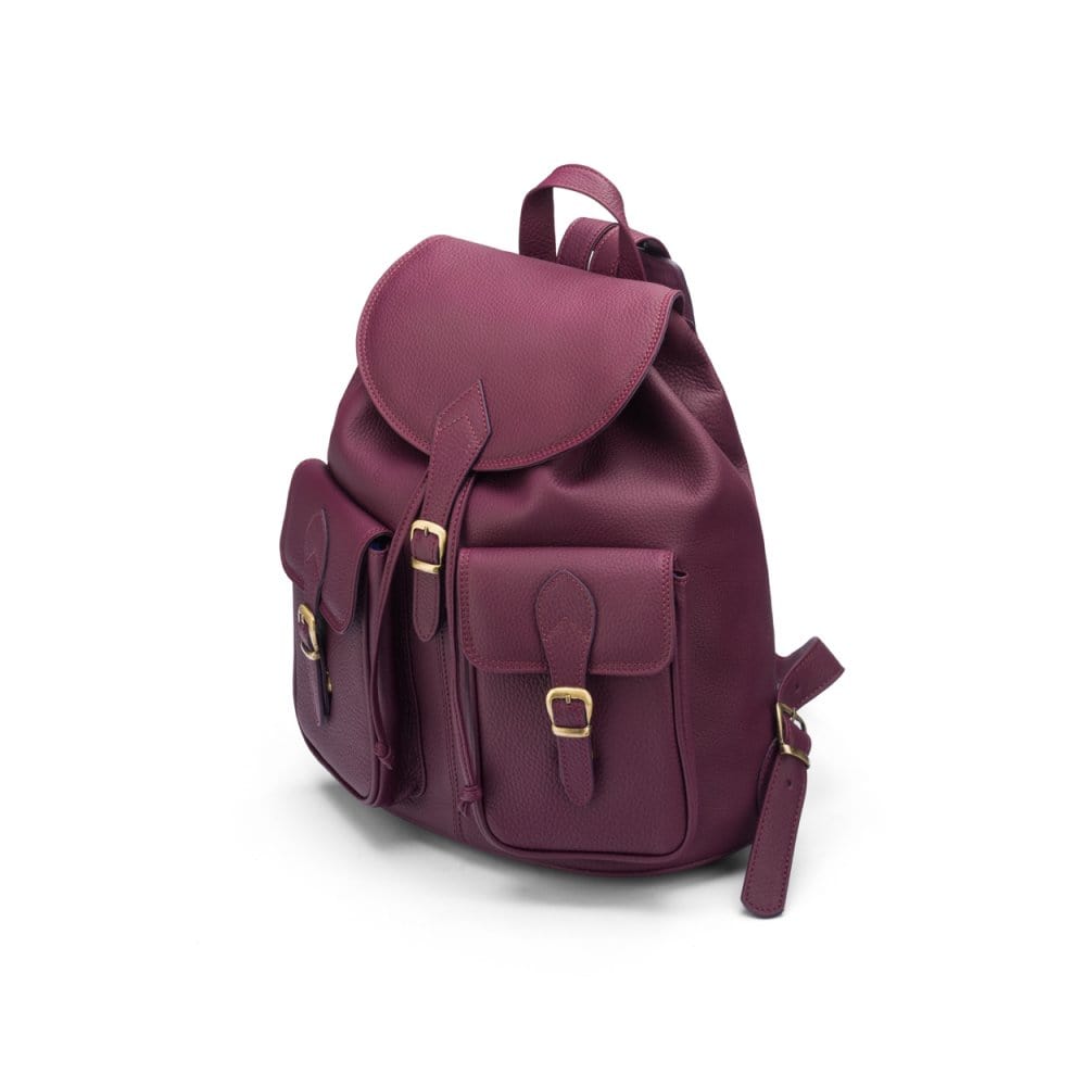 Leather backpack with pockets, purple, side