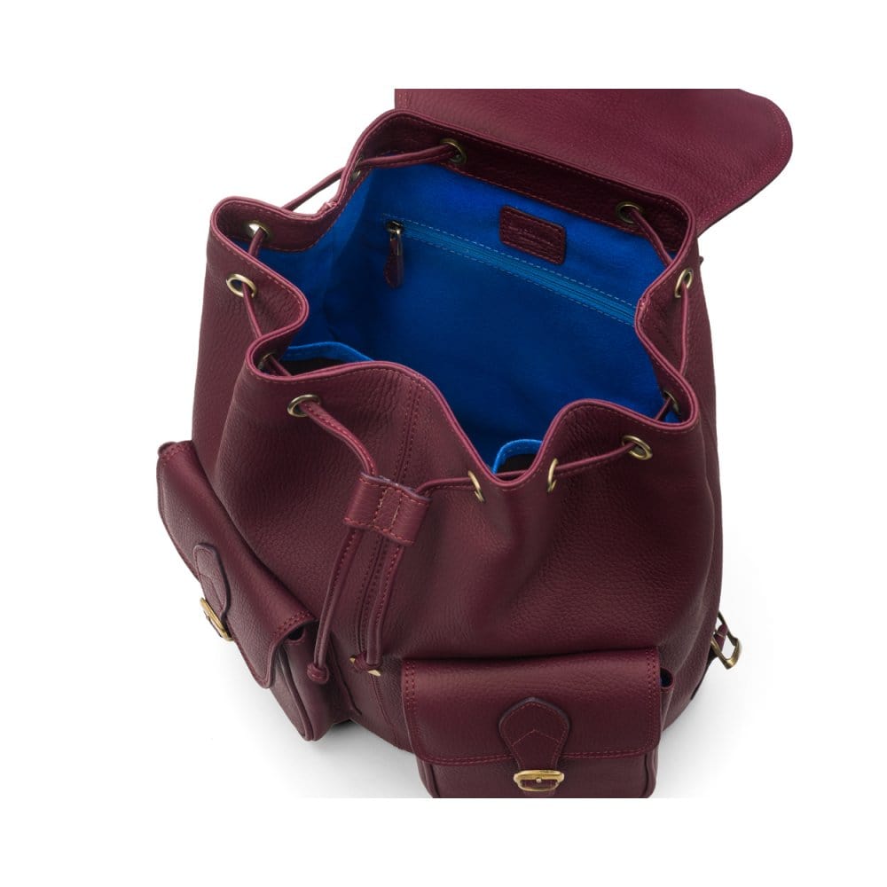 Leather backpack with pockets, purple, inside