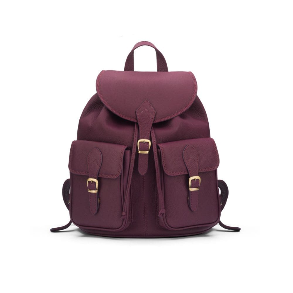 Leather backpack with pockets, purple, front
