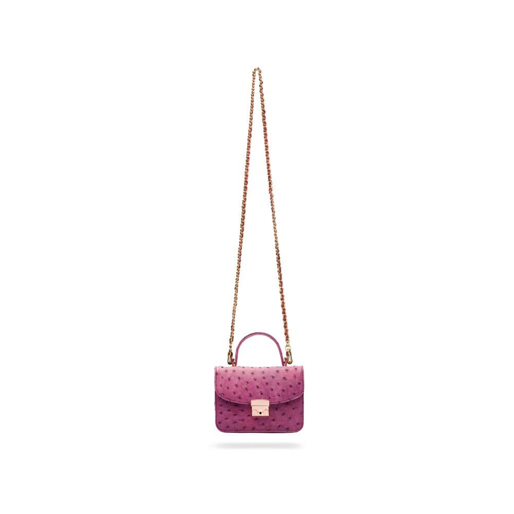 Small ostrich leather top handle bag, purple ostrich, with long chain strap