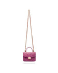 Small ostrich leather top handle bag, purple ostrich, with long chain strap