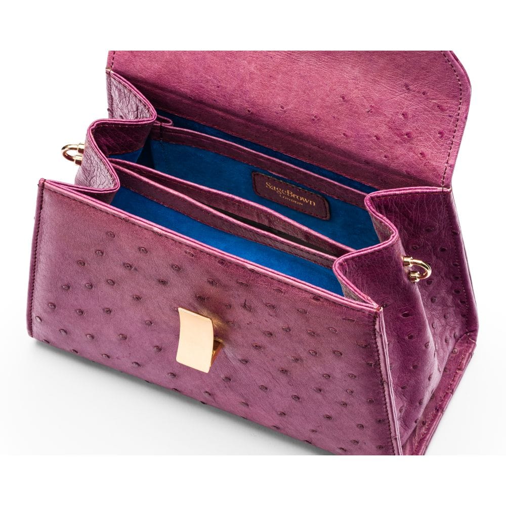 Ostrich leather top handle bag, purple, inside
