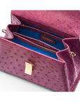 Ostrich leather top handle bag, purple, inside