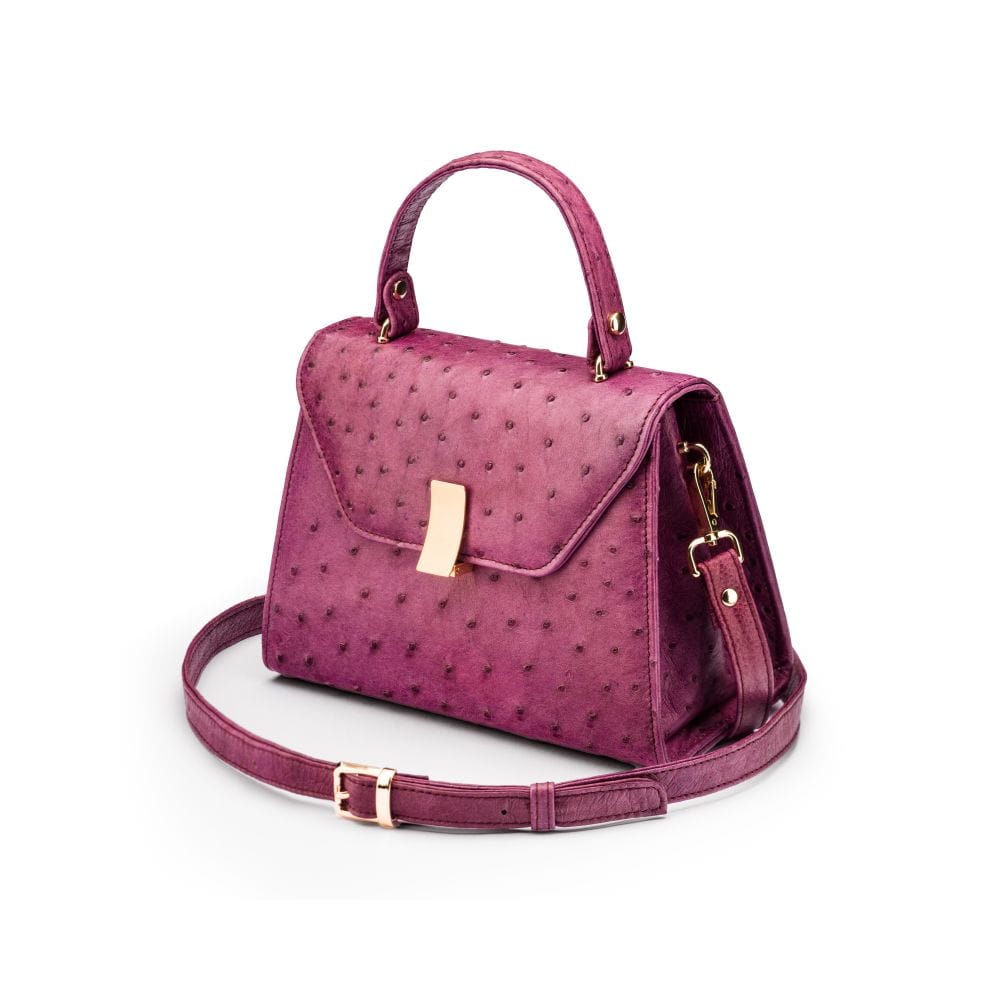 Ostrich leather top handle bag, purple, side