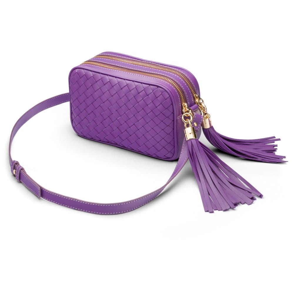 Woven leather camera bag, purple, side