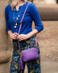 Woven leather camera bag, purple, lifestyle