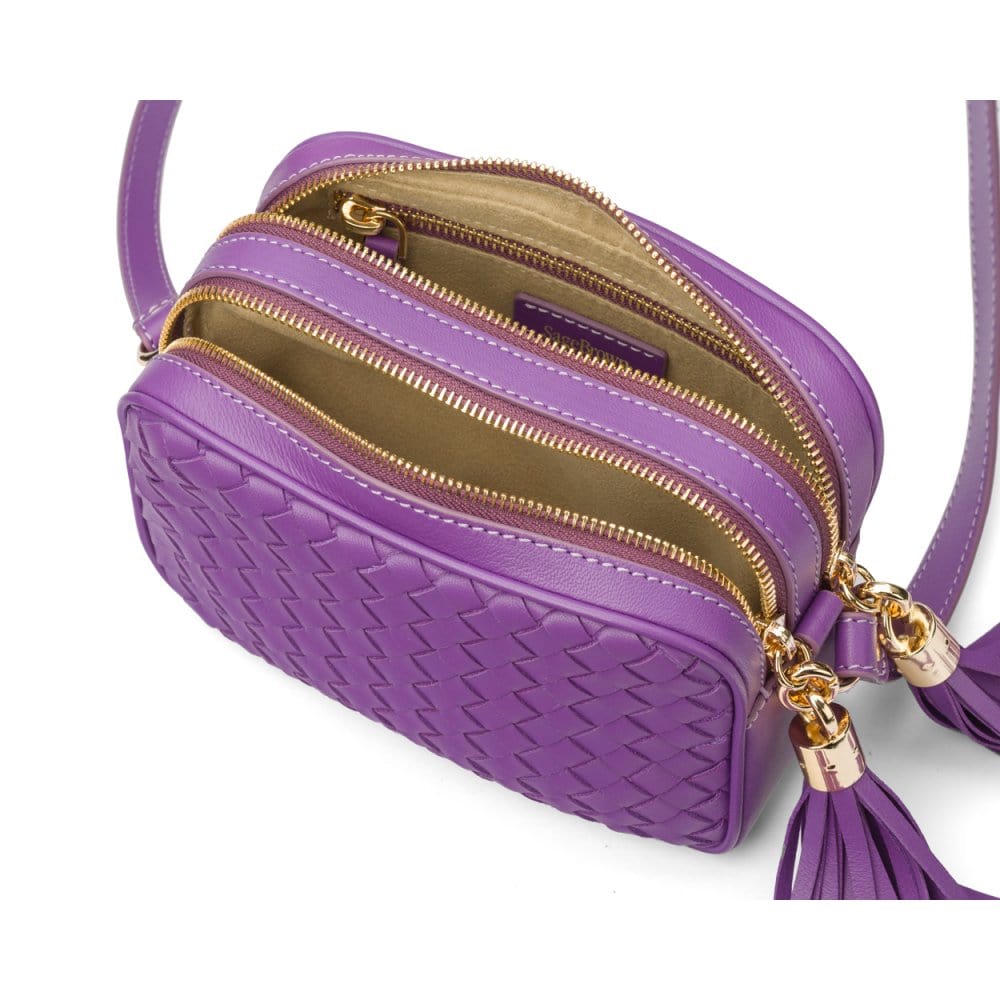 Woven leather camera bag, purple, inside