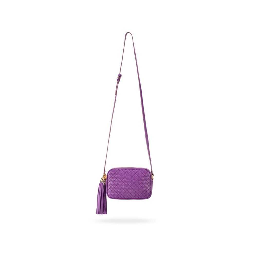 Woven leather camera bag, purple, long shoulder strap