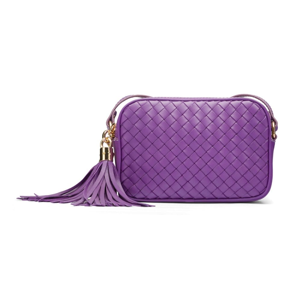 Woven leather camera bag, purple, front