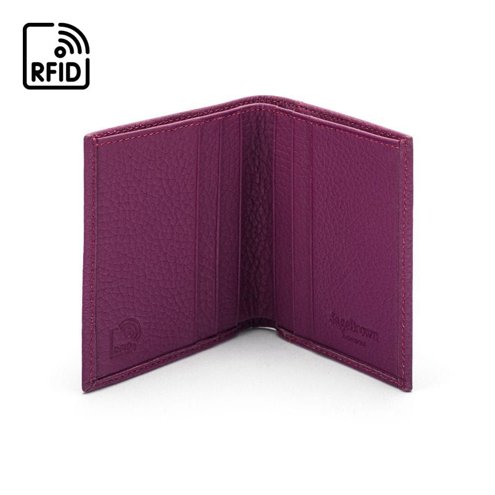 RFID leather wallet with 4 CC, purple, open