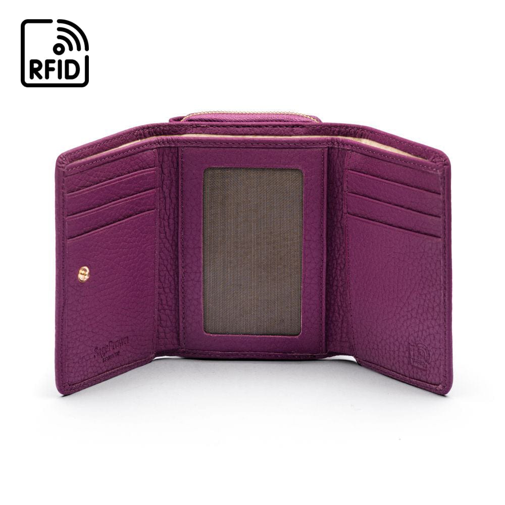 RFID blocking leather tri-fold purse, purple, inside