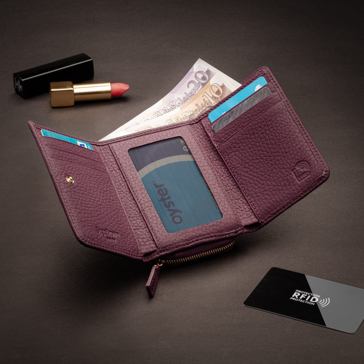 RFID blocking leather tri-fold purse, purple, lifestyle