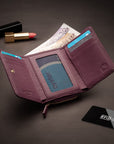 RFID blocking leather tri-fold purse, purple, lifestyle