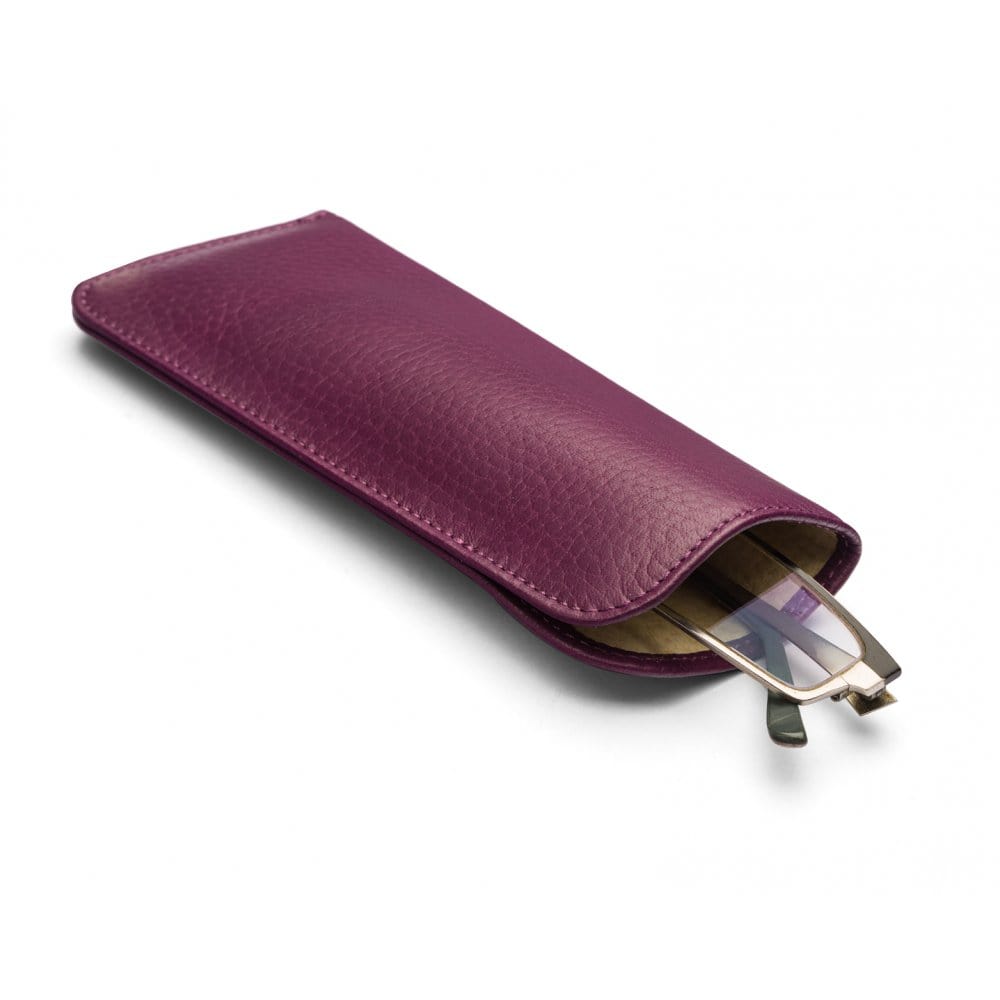 Small leather glasses case, purple, open