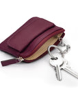 Small leather zip coin purse, purple, with key chain