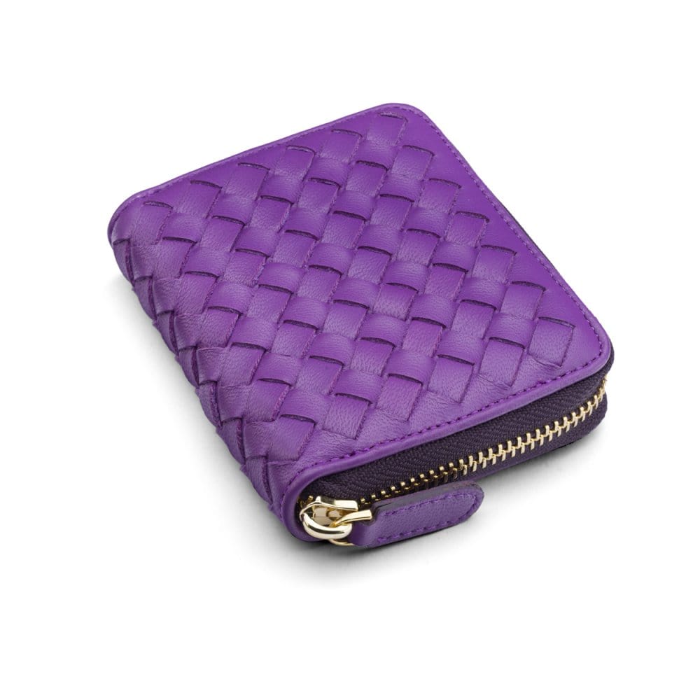 Small zip around woven leather accordion purse, purple, front