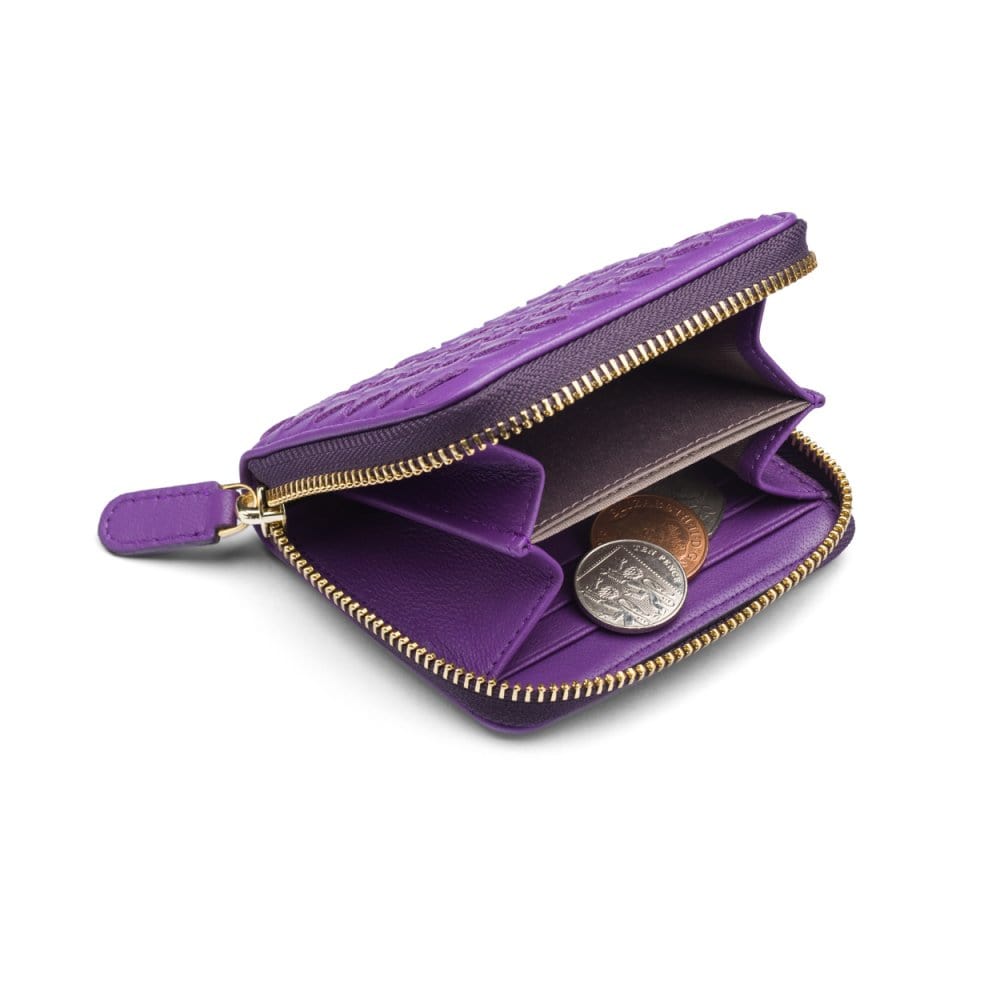 Small zip around woven leather accordion purse, purple, inside