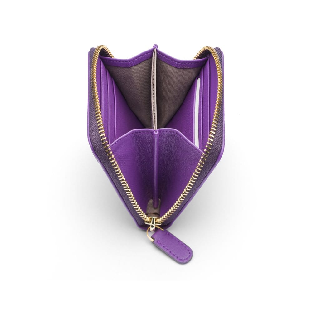 Small zip around woven leather accordion purse, purple, open
