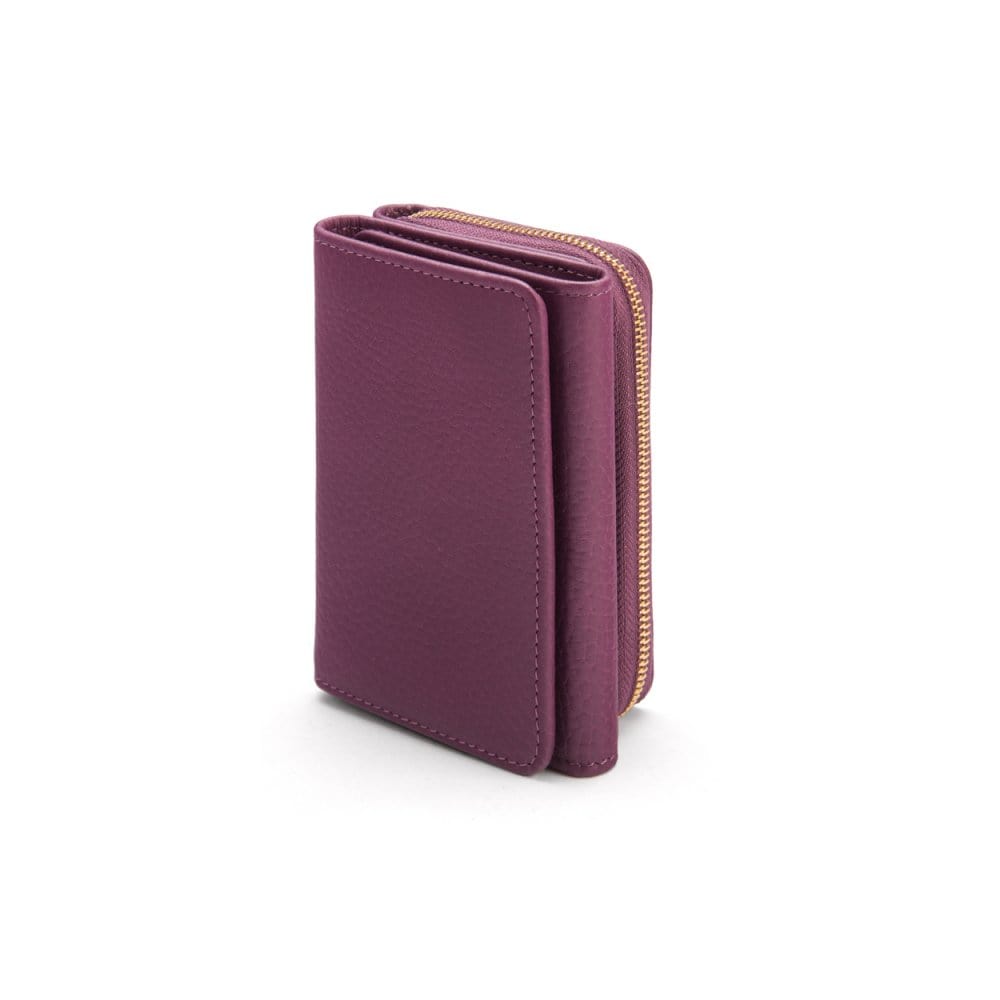 RFID blocking leather tri-fold purse, purple, front