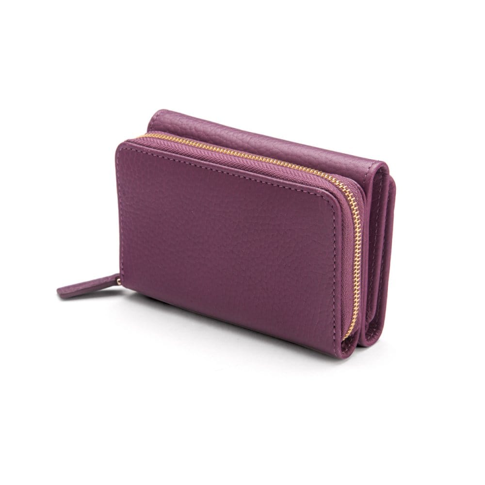 RFID blocking leather tri-fold purse, purple, coin purse