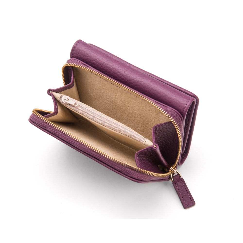RFID blocking leather tri-fold purse, purple, open