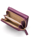 RFID blocking leather tri-fold purse, purple, open