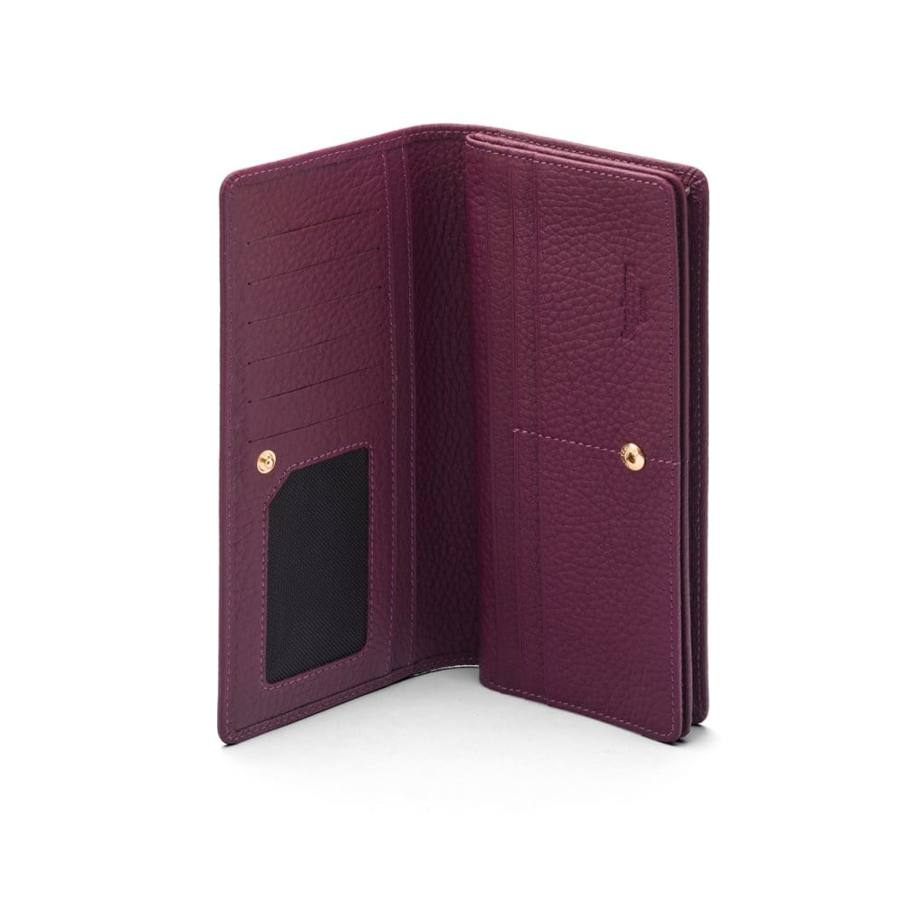 Tall leather Trinity purse, purple, open