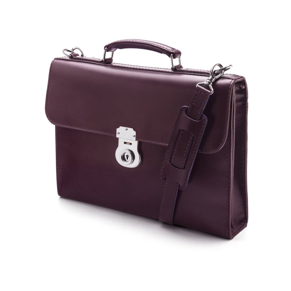 Purple Vintage Leather Wall Street Briefcase With Silver Brass Lock