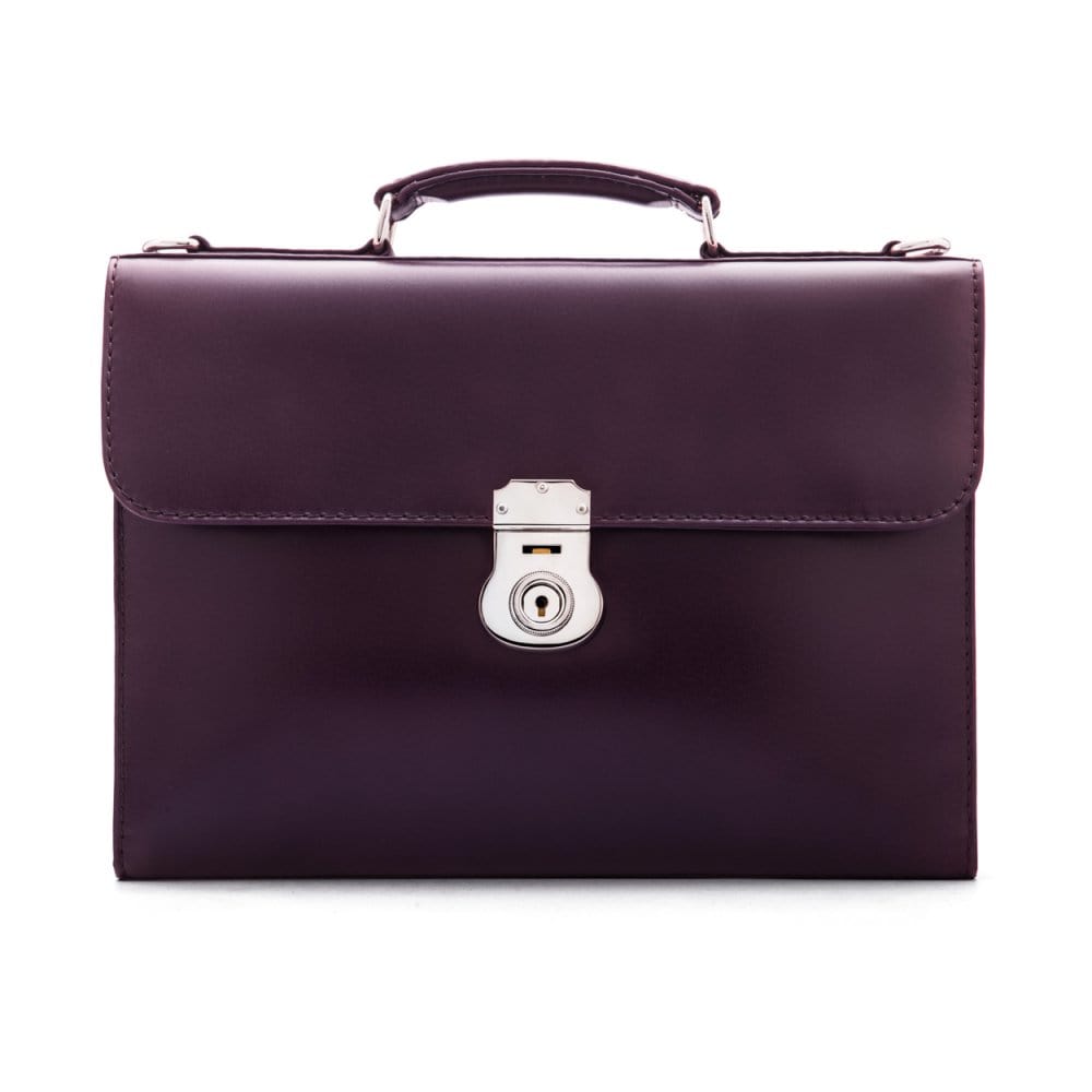 Purple Vintage Leather Wall Street Briefcase With Silver Brass Lock