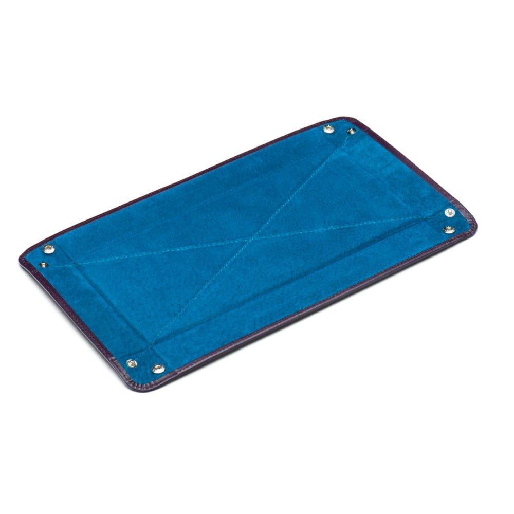 Rectangular leather valet tray, purple with cobalt, flat