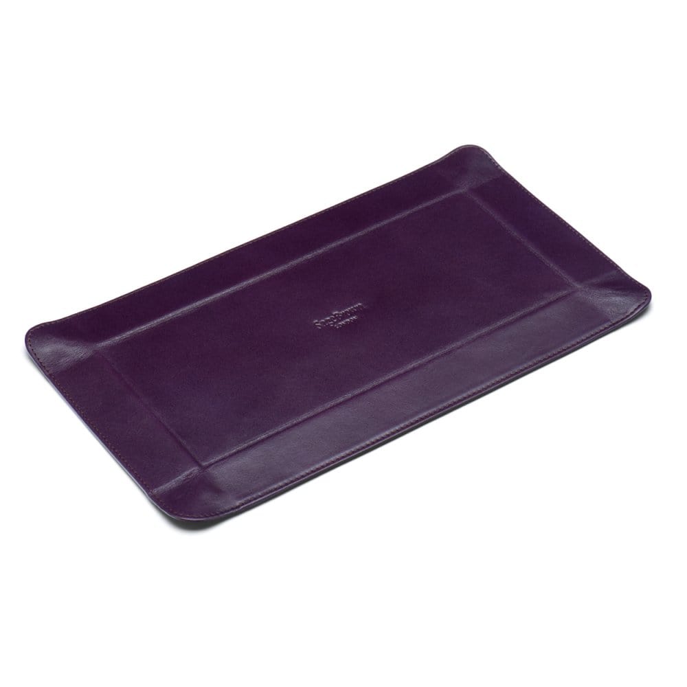 Rectangular leather valet tray, purple with cobalt, flat base