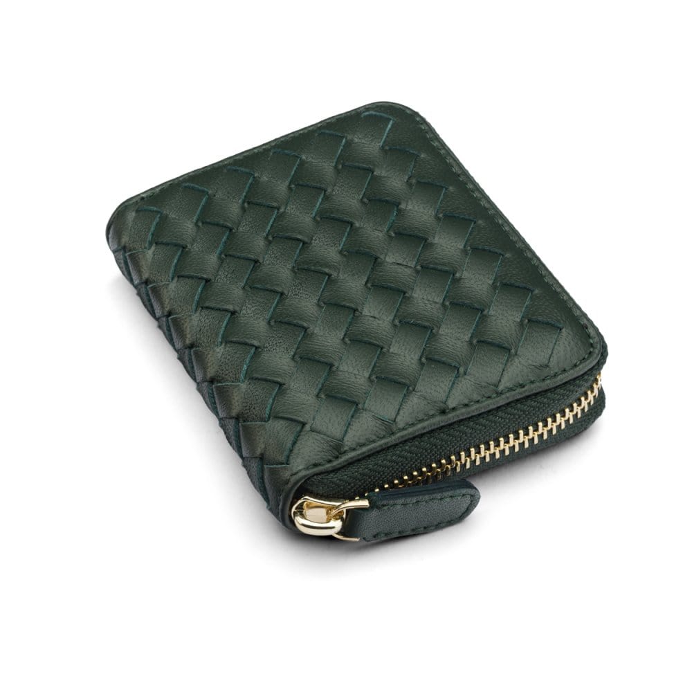 Small zip around woven leather accordion purse, racing green, front