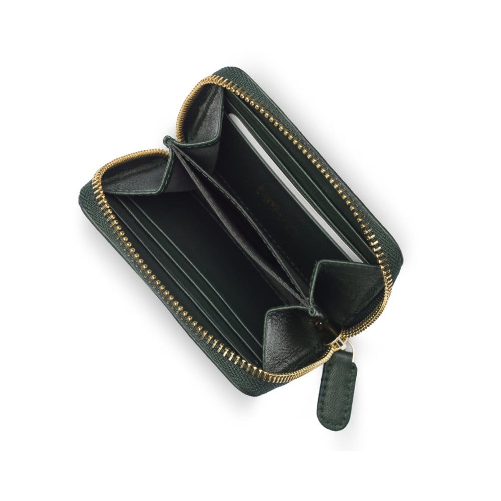 Small zip around woven leather accordion purse, racing green, interior