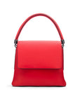 Leather handbag with flap over lid, red, front view