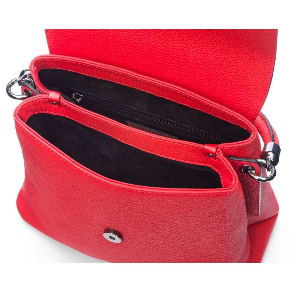 Leather handbag with flap over lid, red, inside view