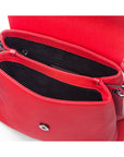 Leather handbag with flap over lid, red, inside view