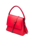 Leather handbag with flap over lid, red, side view