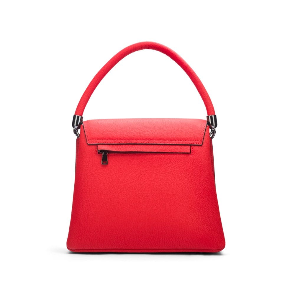 Leather handbag with flap over lid, red, back view