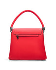 Leather handbag with flap over lid, red, back view