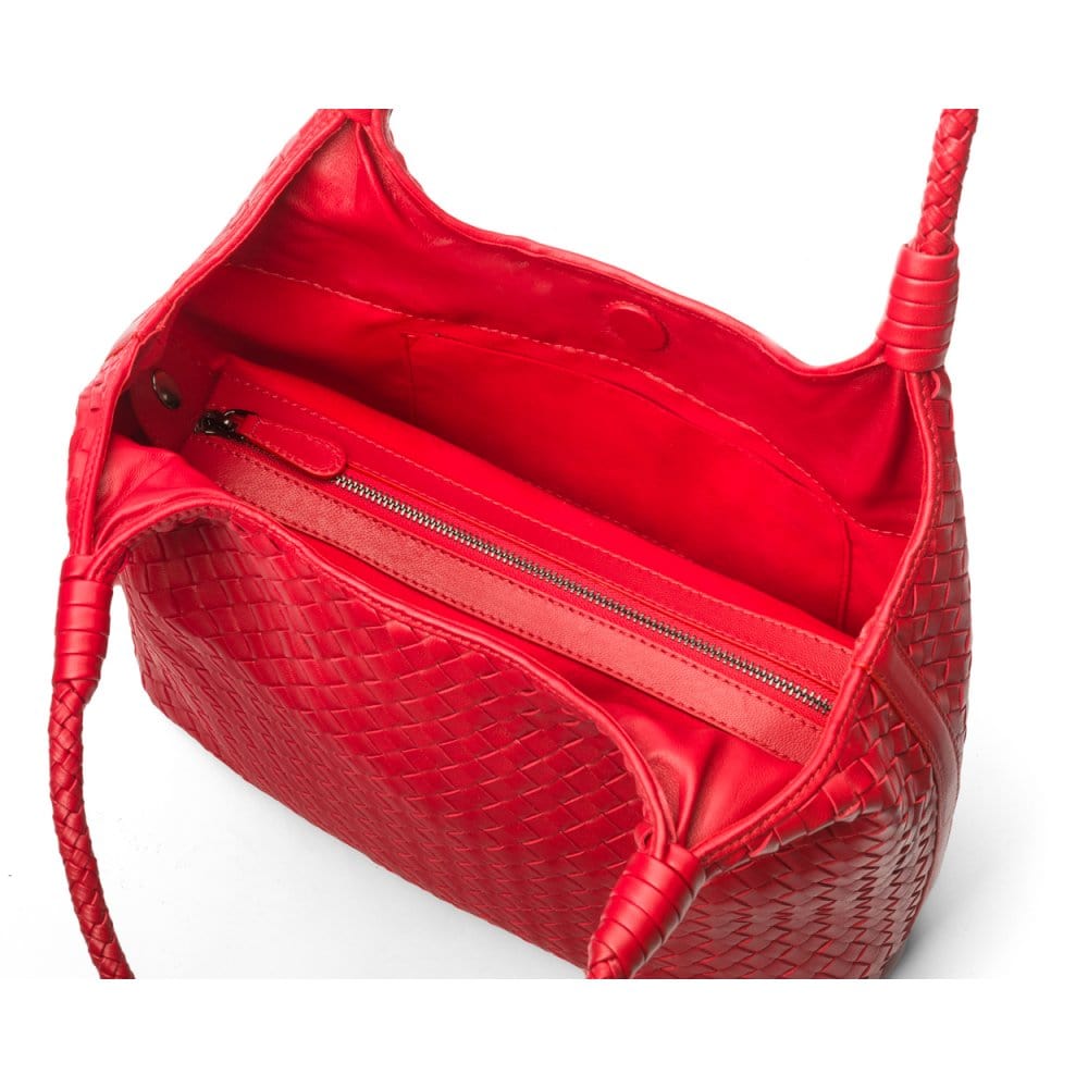 Woven leather shoulder bag, red, inside