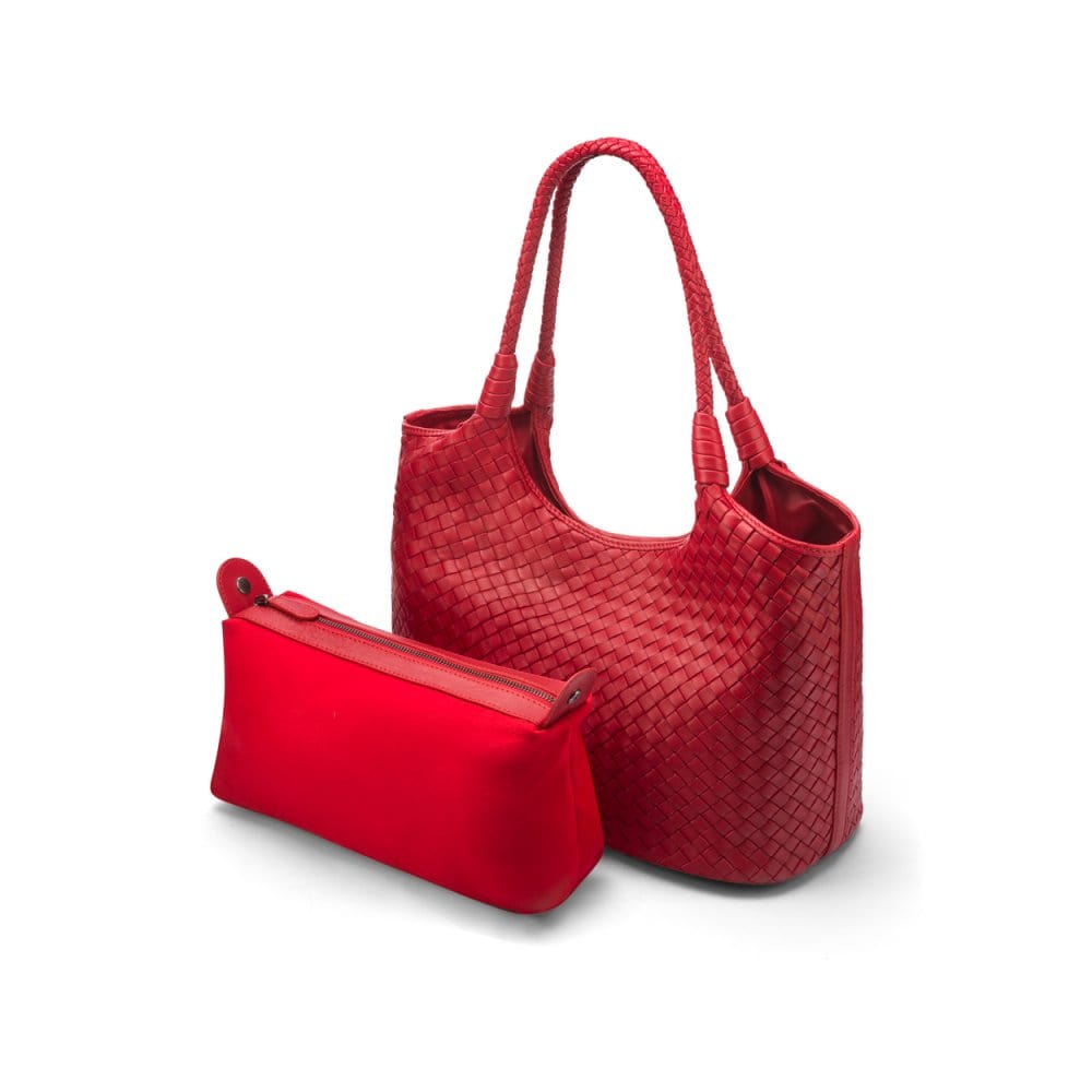 Woven leather shoulder bag, red, with detachable inner bag