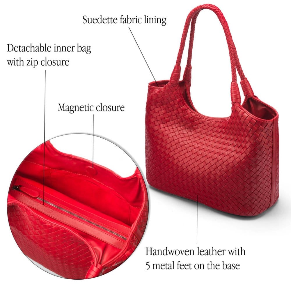 Woven leather shoulder bag, red, features