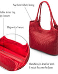 Woven leather shoulder bag, red, features