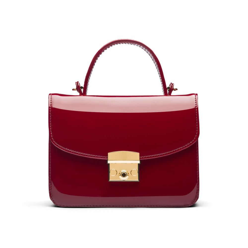 Small leather top handle bag, red patent, front