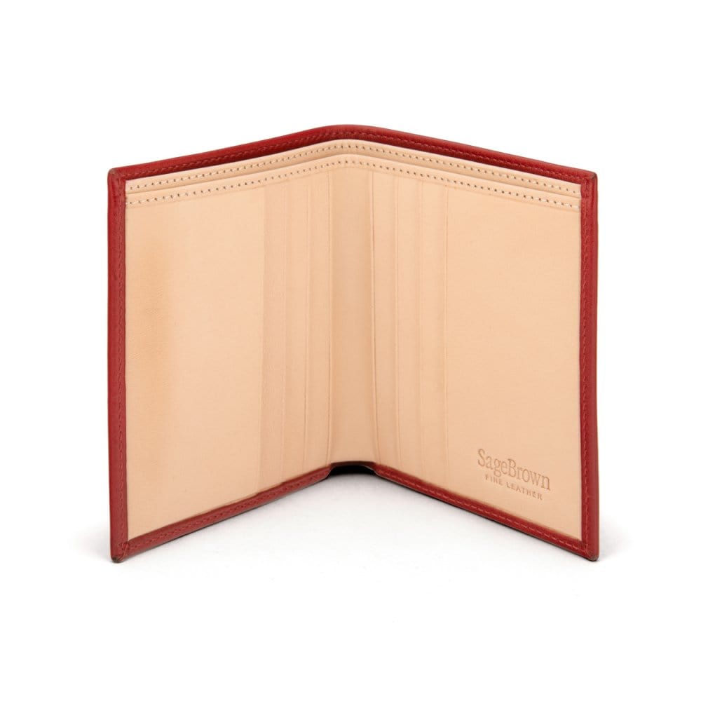 Bifold leather wallet with 6 credit cards, red, open