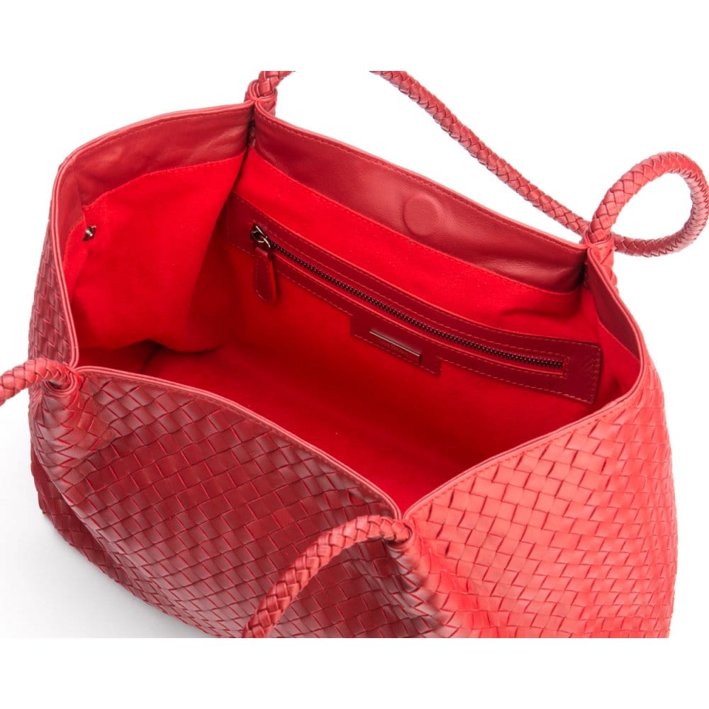 Woven leather slouchy bag, red, inner bag removed