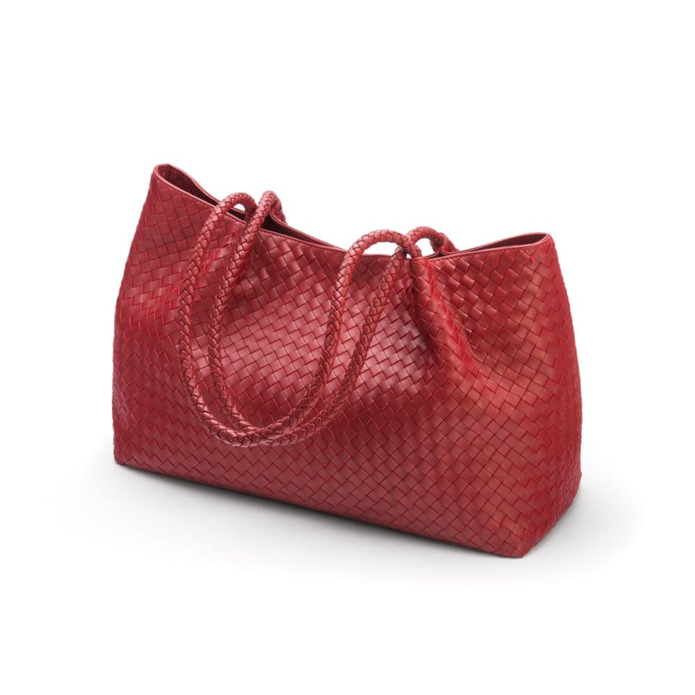 Woven leather slouchy bag, red, side